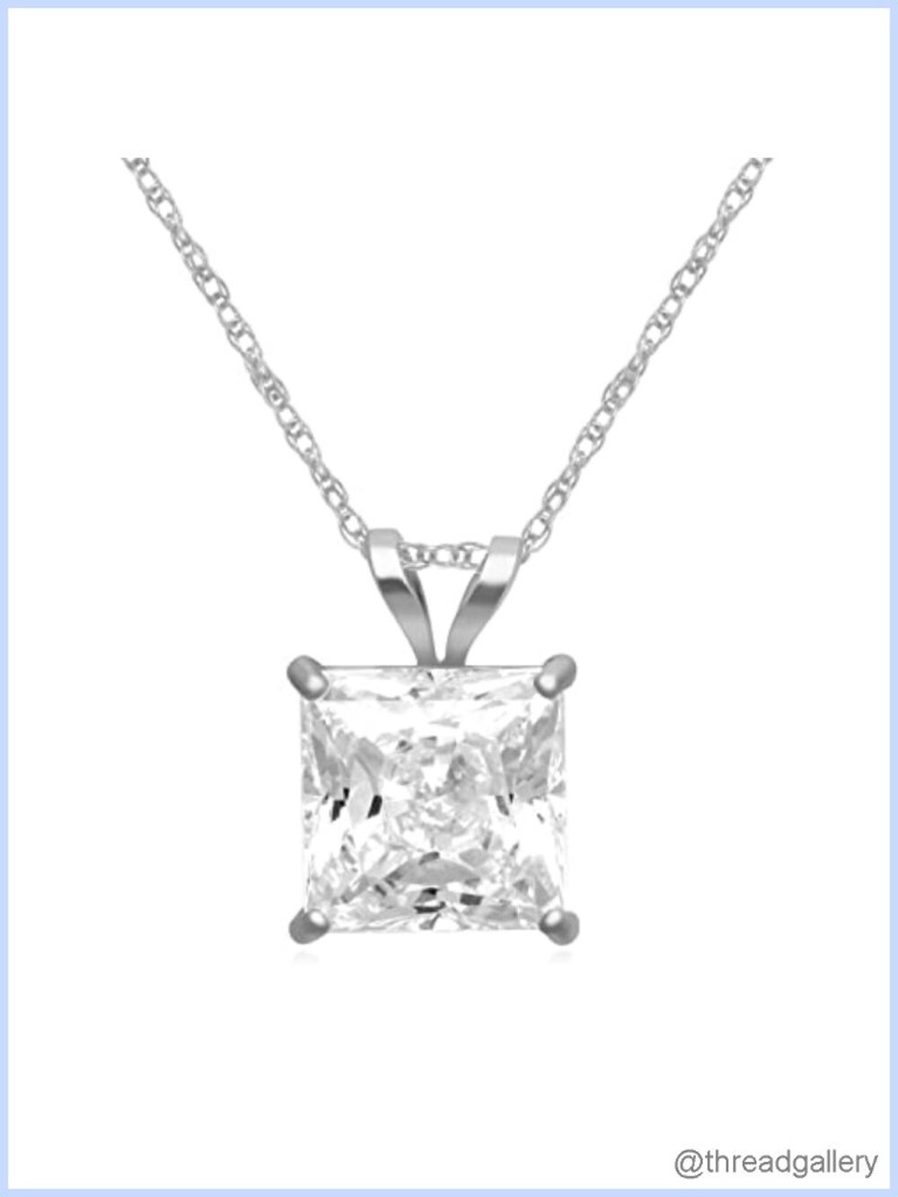 10K White Gold Princess Cut CZ Solitaire Pendant Necklace 18" Rope Chain